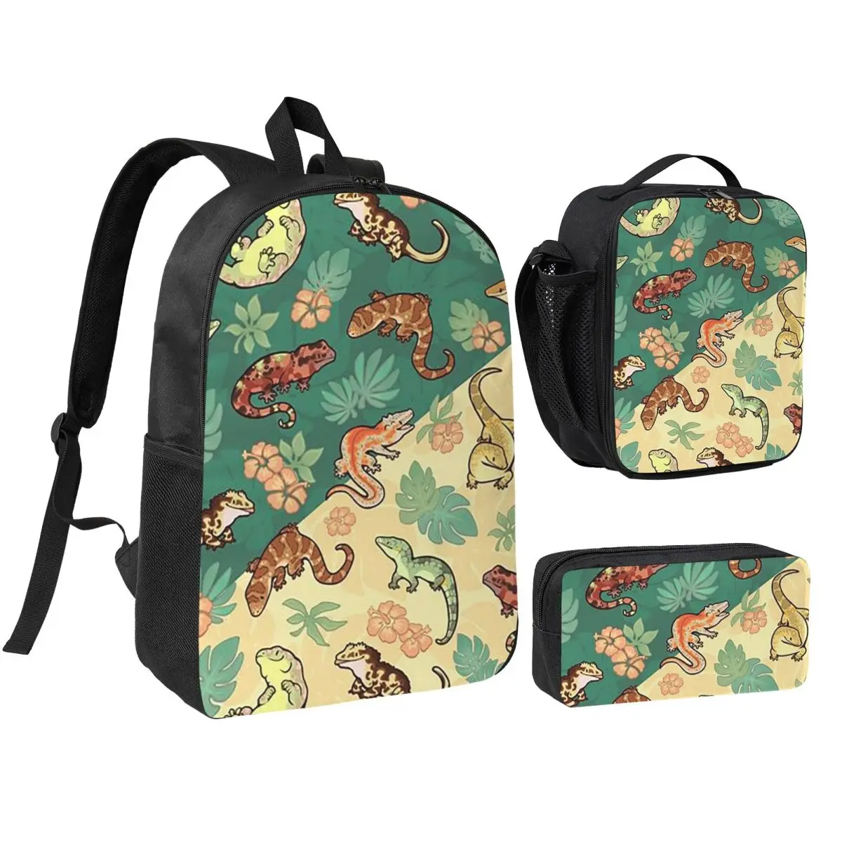 Cartoon Reptile Pattern Backpack Student BookBag School Bag Shoulder Bags 3ps Insulated Lunch Bag Pencil Case