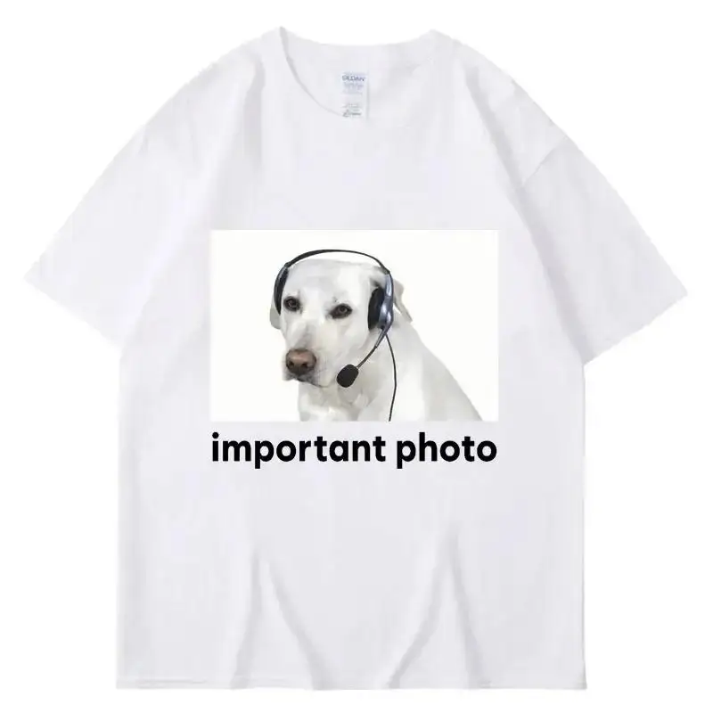 Women Viral Internet Meme T-shirt Important Photo Headphone Labrador Dog Print Casual Street Style Short Sleeve Tees for Men