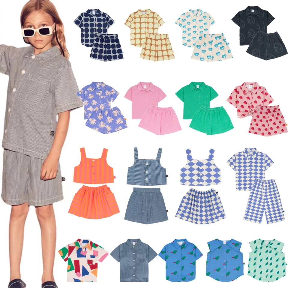 

Children Clothes Set Wyn 2024 New Summer Girls Plaid T-shirts Shorts Baby Boys Tee Tops Casual Outfit Cartoon Print Kids Outwear