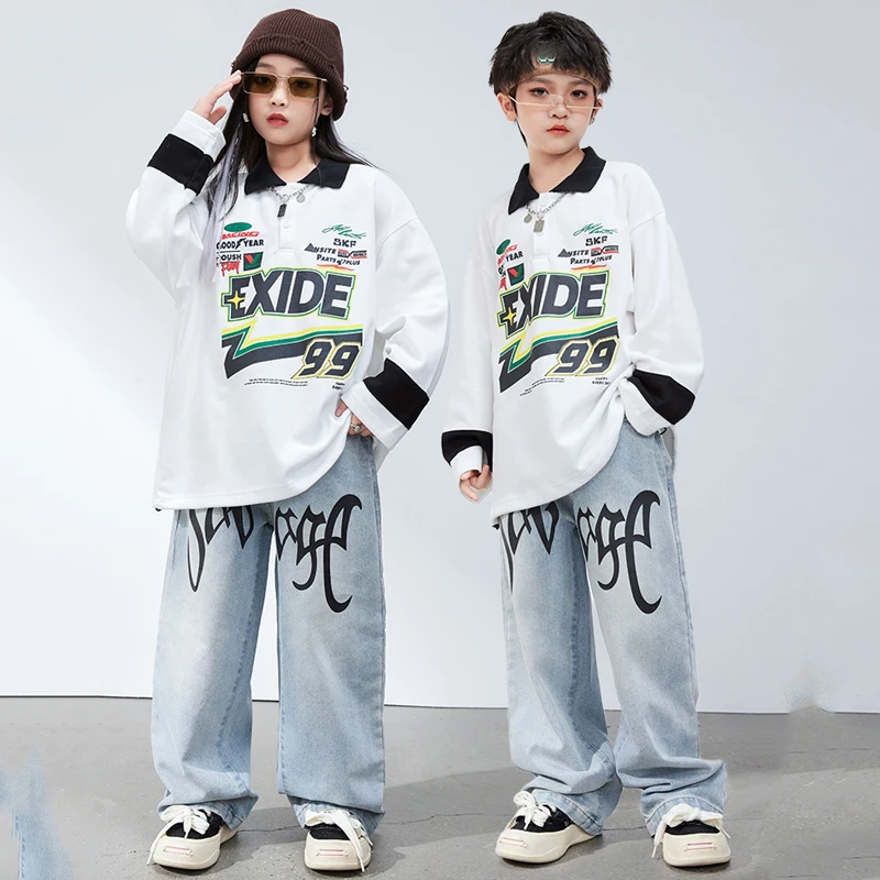 

Children Ballroom Hip Hop Dance Costumes For Kids Loose White T-Shirt Hiphop Pants Suit Girls Jazz Performance Clothes DQS15168