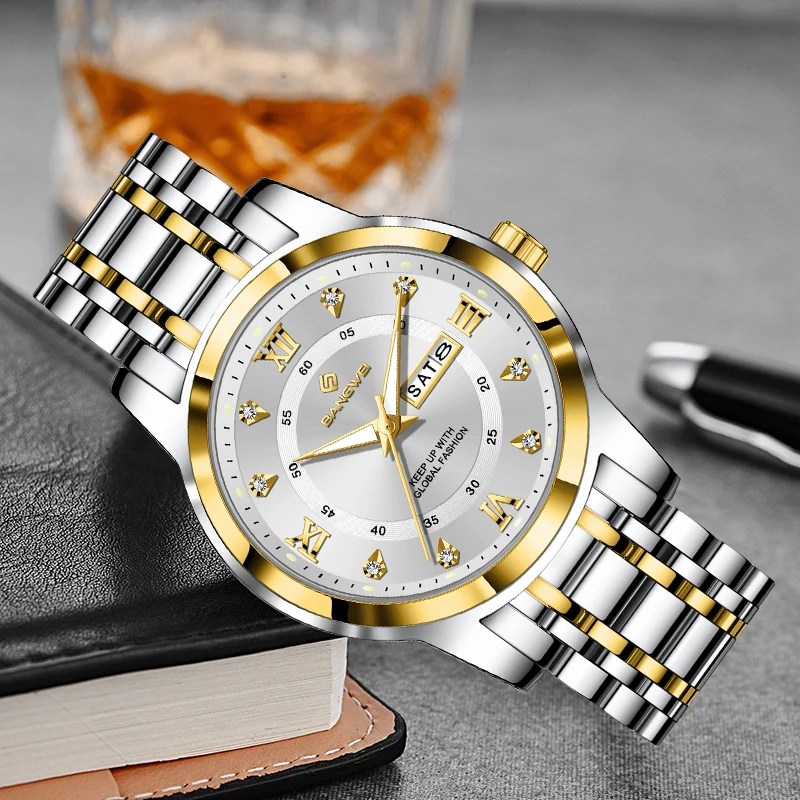 BANGWEI Quartz Wristwatch Top Brand Luxury Men Clock Diamond Dial Waterproof Calendar Week Luminous Casual Sport Watches for Man