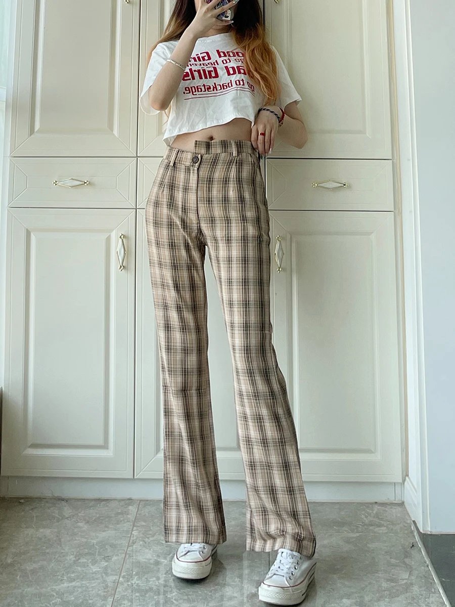 

High Waist Loose Women's Bell Bot Pants Faionable Plaid Casual Trousers Spring Summer New Arrival Polyester Fabric