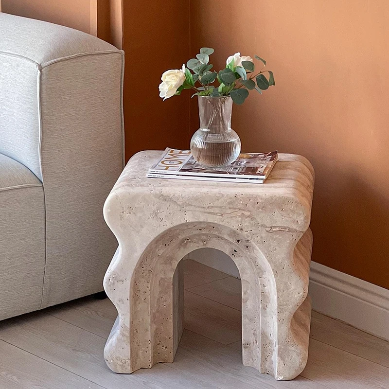 Wabi Sabi style natural Roman Travertine arched edge design ornament bedroom bedside table home sofa corner decoration