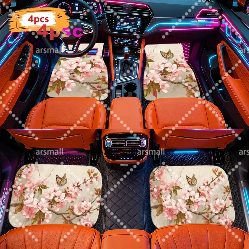 2D Flat, 4pcs Rustic Style Pink Cherry Blossom And Butterfly Car Floor Mats - Compatible With Multiple Vehicle Models, Easy To C