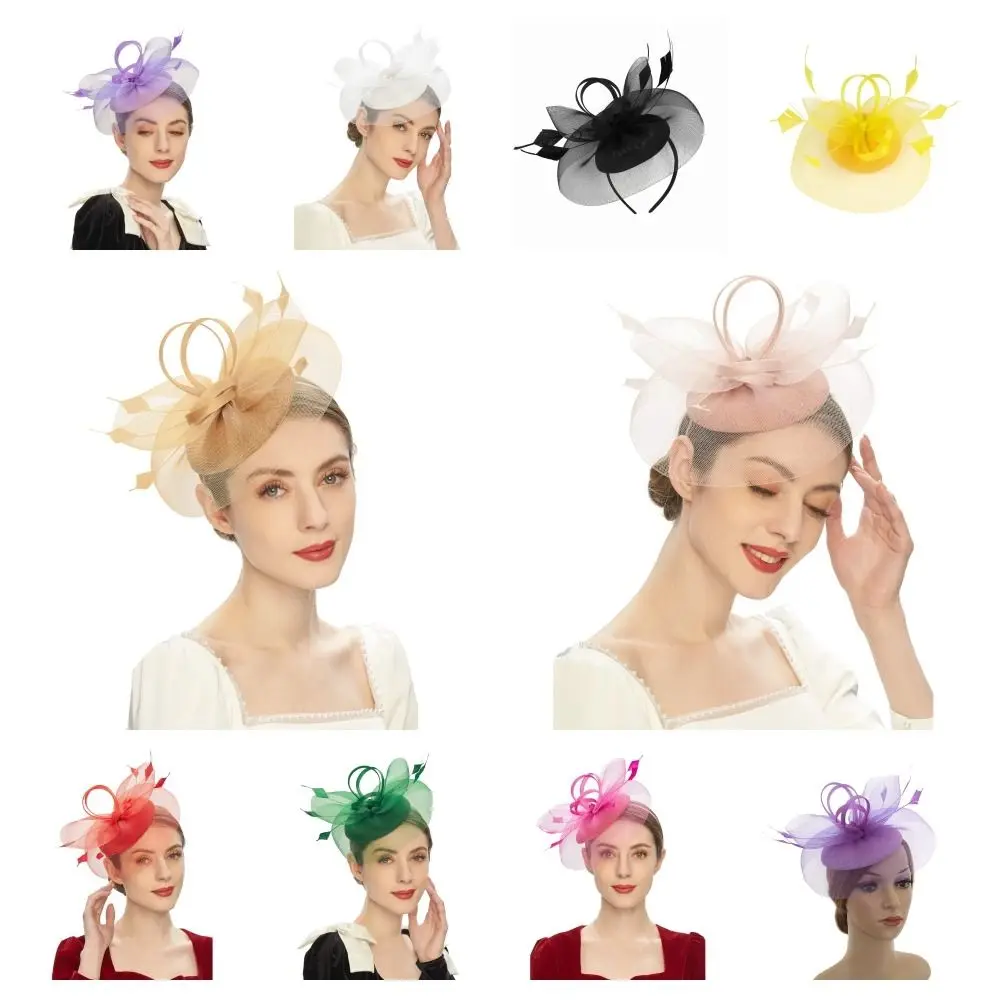 

Fashion Feathers Mesh Fascinator Hat Elegant Exquisite Bride Headband Hair Hoop Sweet Hairbands Cocktail Party