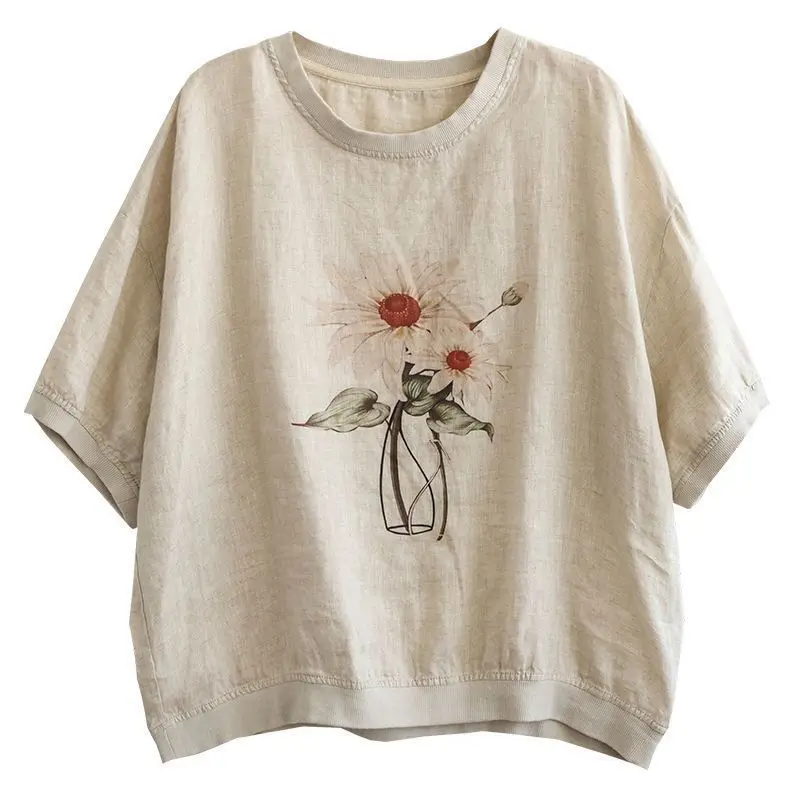 Cotton Linen T Shirts Women Art Nature Flower T-shirt Casual Loose Vintage Printed Short Sleeve Tops Summer Trend Thin Tshirt