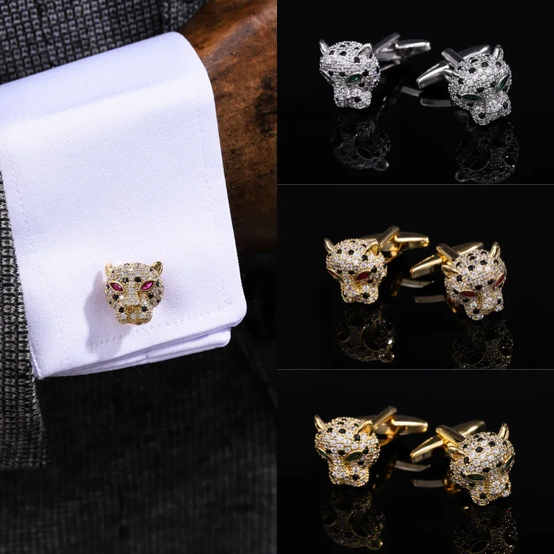 Luxury Rhinestone Tiger Head Cufflinks for Men French Shirt Buttons Cuff Links Wedding Accessories Business Banquet High Quality