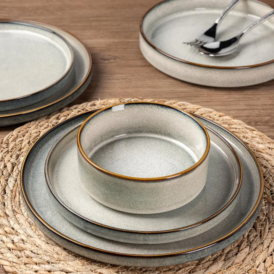 أطقم أواني طعام من السيراميك مكونة من 6 18 قطعة من أطباق وأطباق من الخزف الحجري مع تصميم قابل للتكديس للطعام اليومي #3