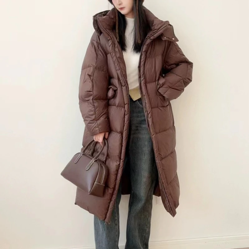 Long Hooded Down Jackets for Women, Loose Coats, Windproof, Thicken, Warm Parka, Simple, Casual, Fashion, Winter, 2024