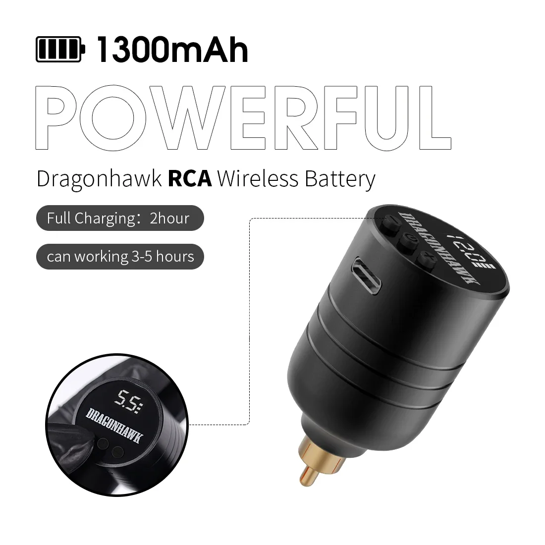 بطارية وشم لاسلكية من Dragonhawk، شحن سريع، اتصال RCA، شاشة LCD قابلة لإعادة الشحن، بطارية إمداد طاقة الوشم #2