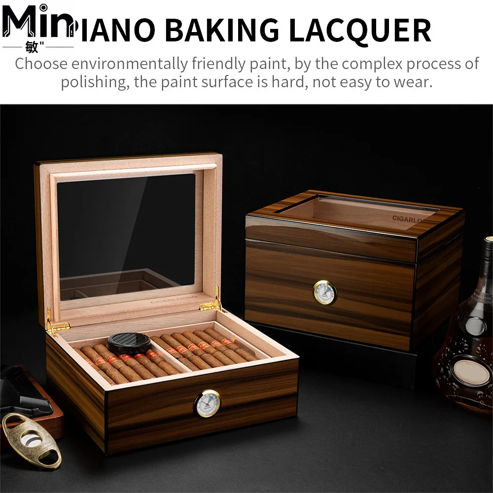 Large Capacity Classic Cedar Cigar Humidor Box Glass Top with Humidifier Hygrometer Wooden Cigar Accessory