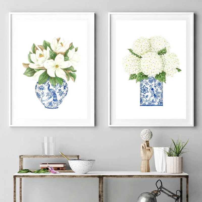 Blue and White China Magnolia Hydrangea Prints Chinoiserie Art Canvas Painting Gallery Wall Art Picture Poster Trendy Wall Decor