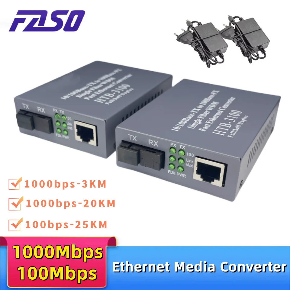 

100/1000Mbps Fiber Optical Ethernet Media Converter 3/20/25KM Gigabit RJ45 SingleMode Single Fiber SC Port External Power Supply
