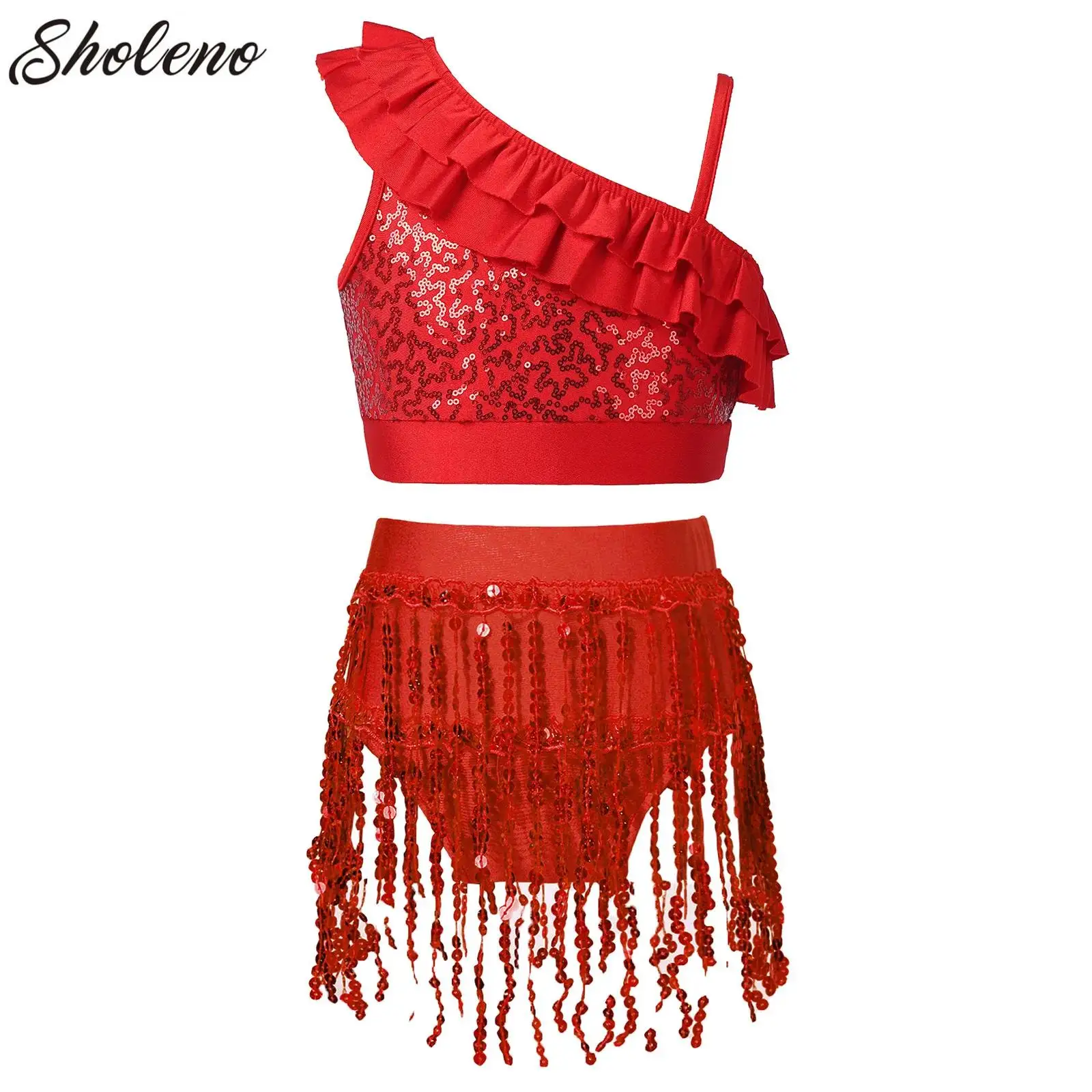 

Kids Girls Modern Jazz Latin Ballet Dance Costume Asymmetrical Shoulder Sequins Crop Top with Tassel Briefs Performance Outfits