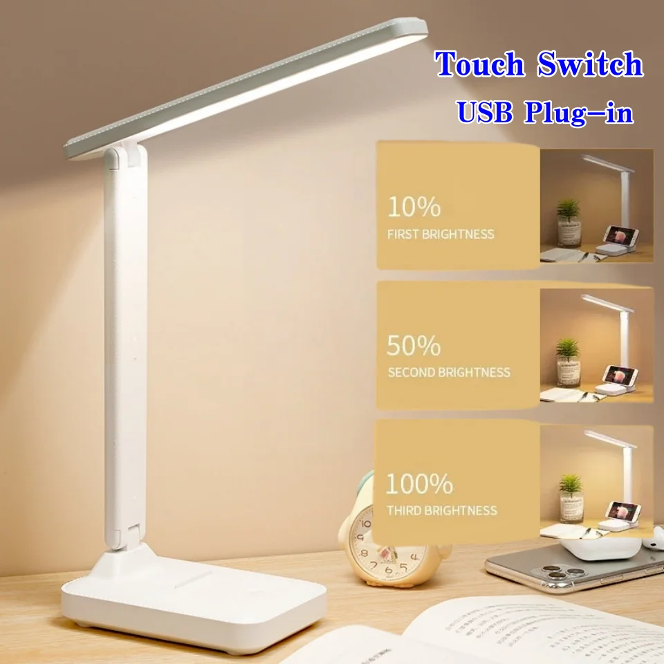 

Светодиодный сенсорный переключатель Белая складная настольная лампа Спальня Прикроватная тумбочка для чтения Уход за глазами Ночная лампа USB-разъем с регулируемой яркостью Белая настольная лампа