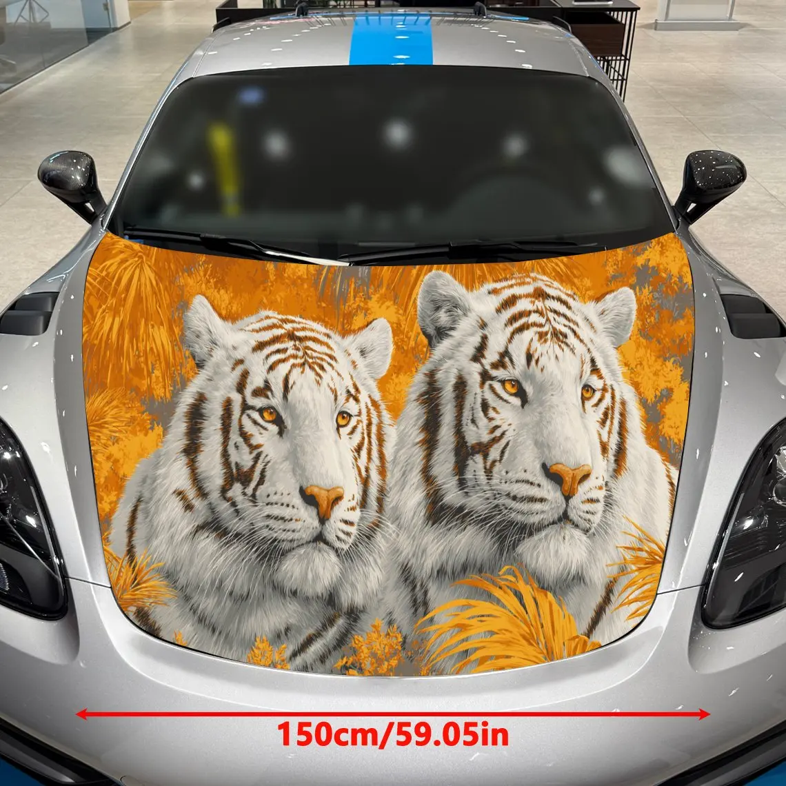 Car Decals A White Tiger Pair in Golden Foliage & Yellow-Hued Realistic Design Car Hood Sticker, Waterproof Self - Adhesive Viny