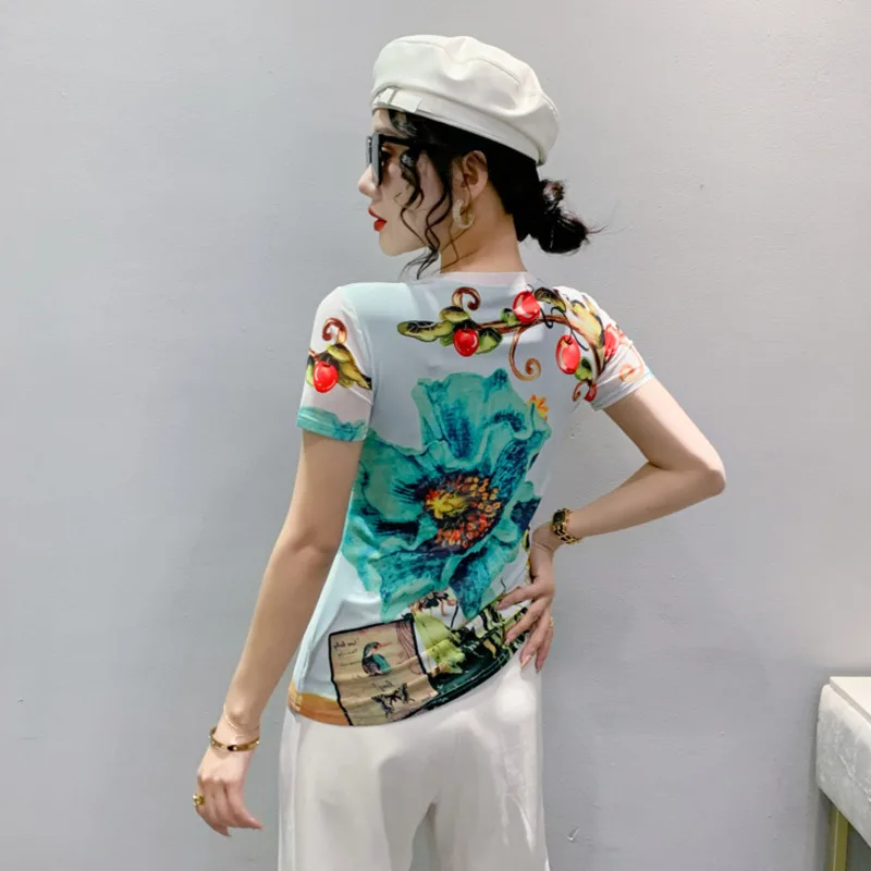 #5422 3d Print Tshirt Women Short Sleeve Summer Vintage T-shirt Thin Sexy Elastic Women\'s T-shirt Floral Short Women\'s Tee Shirt