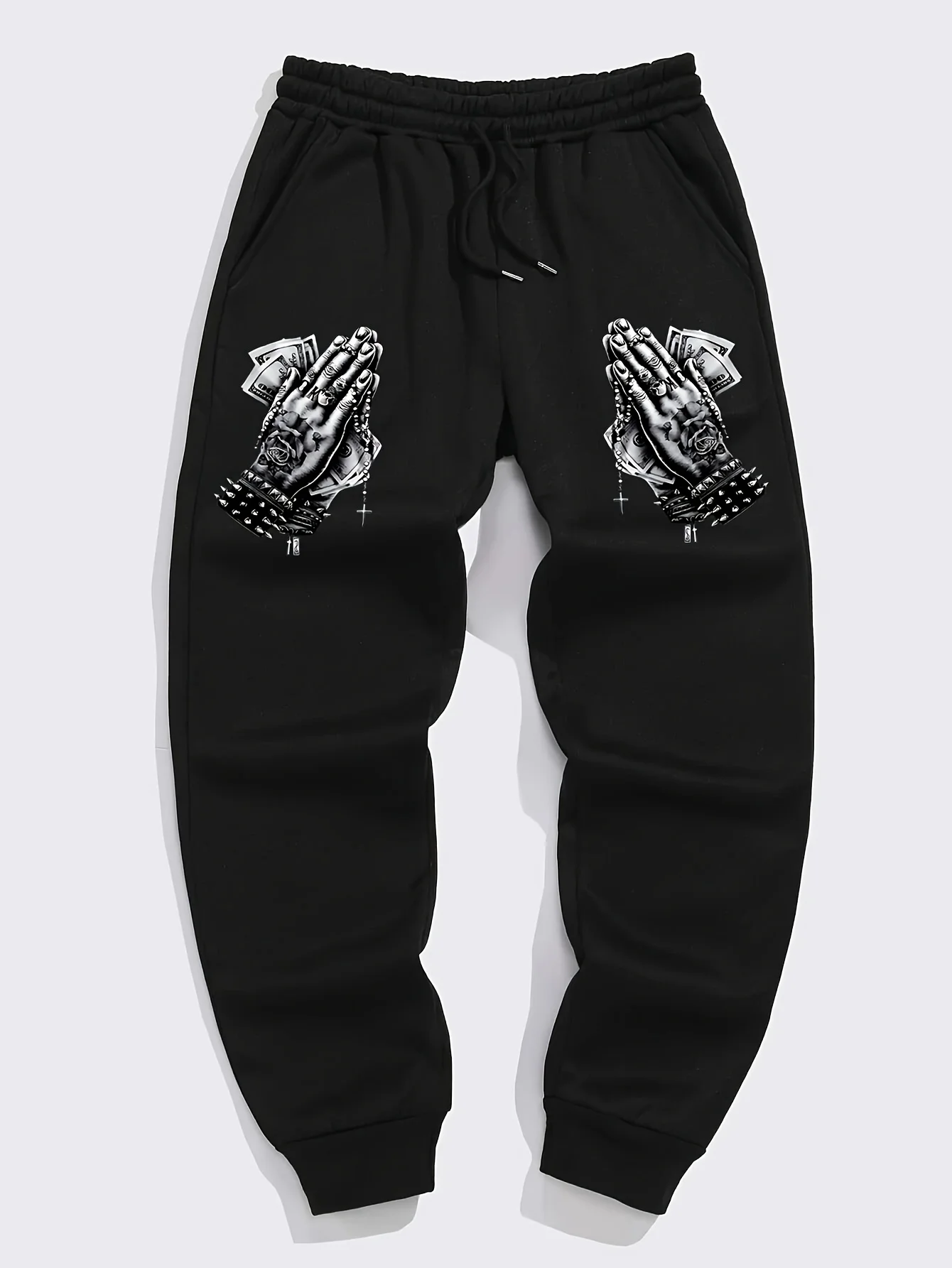 Old‑school street prayer hand dollar artwork print graphic relaxed loose sweatpants men hip hop sports casual jogger pants