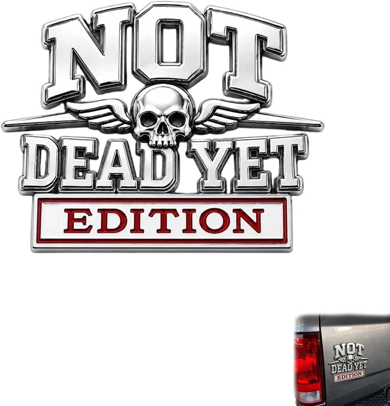 Emblème de voiture édition « Not Dead Yet », badge décoratif en métal, autocollant de voiture avec ailes de crâne pour la décoration extérieure de hayon de camion et SUV, étanche