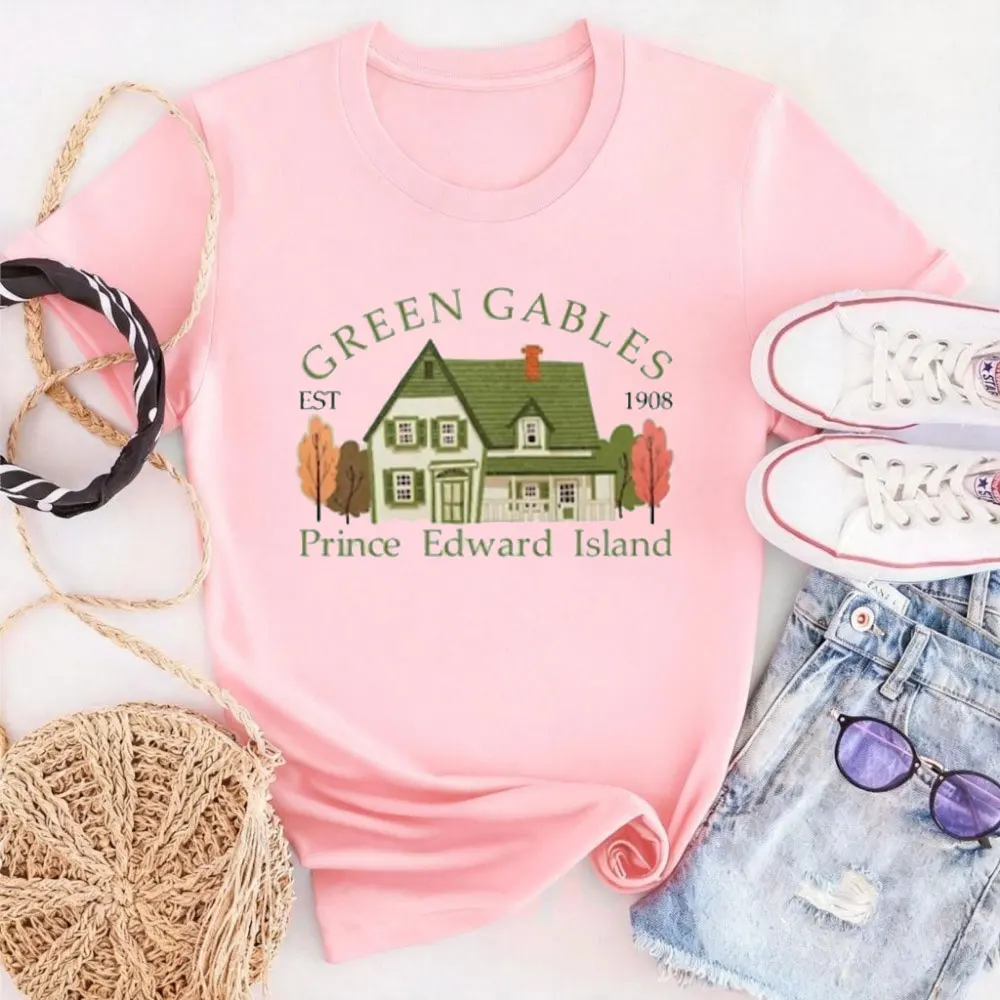 Green Gables Anne with An E of Bookish T-Shirts Clothes for Men Ladies' T-Shirts Cartoon House Pattern Print Short Sleeve Tops