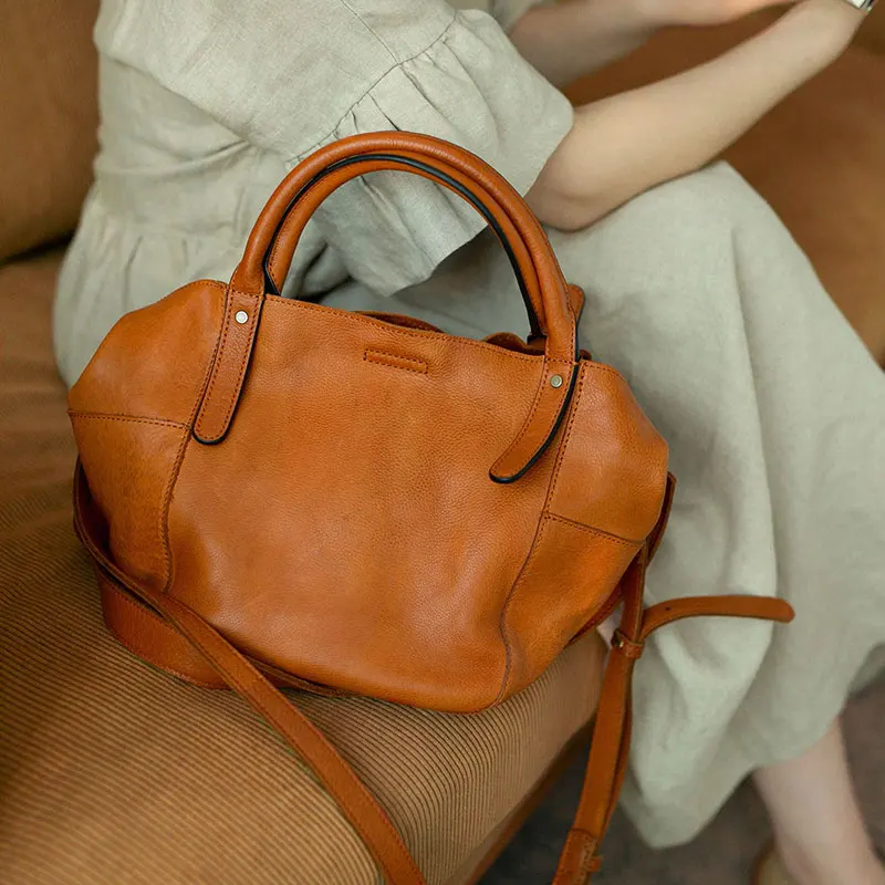 Fashion vintage handmade high-quality genuine leather women small tote bag casual luxury soft cow leather shoulder crossbody bag