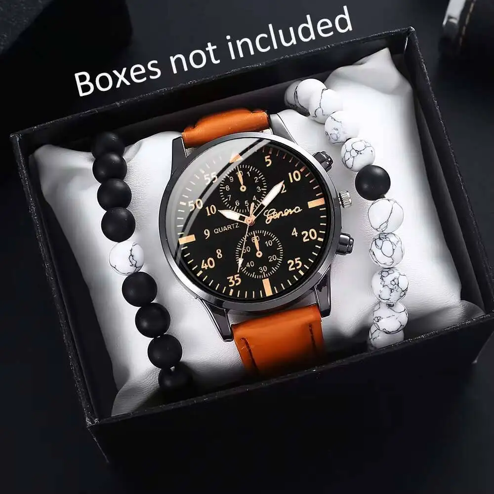 3PCS/Set Fashion Casual Men's Watch Leather Strap Male Business Quartz Watch Beads Bracelets Set Reloj Hombre（Without Box）