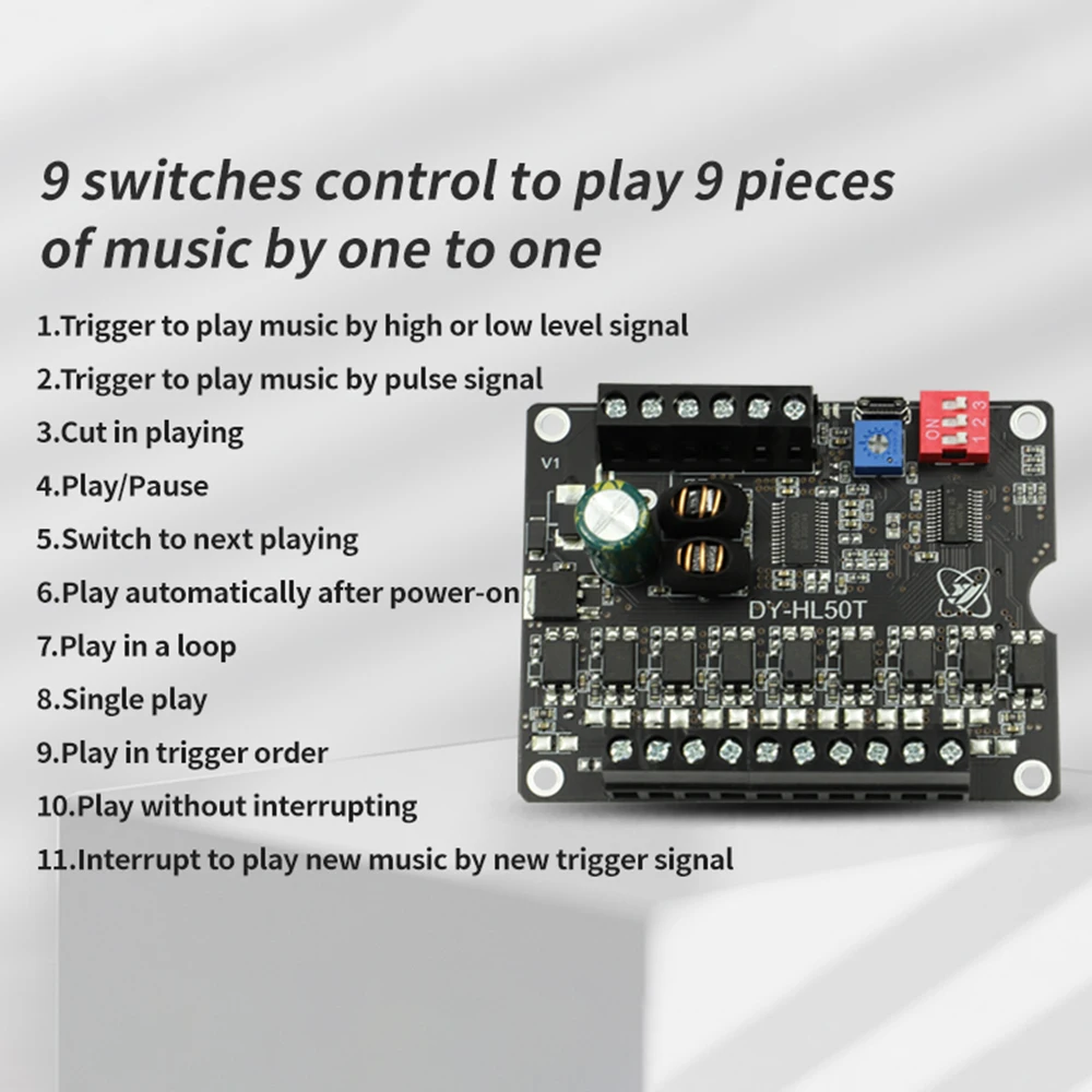 DC9-24V 60W power voice broadcasting prompt module high and low level trigger one-on-one MP3 playback TF card USB drive