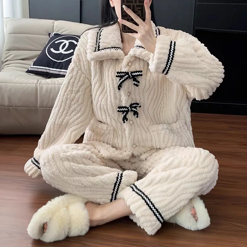 Long Sleeve Top&pants Thicken Flannel Homewear Warm Sleepwear Lady Autumn Winter New Loungewear Sexy Bow Button Down Pajamas Set