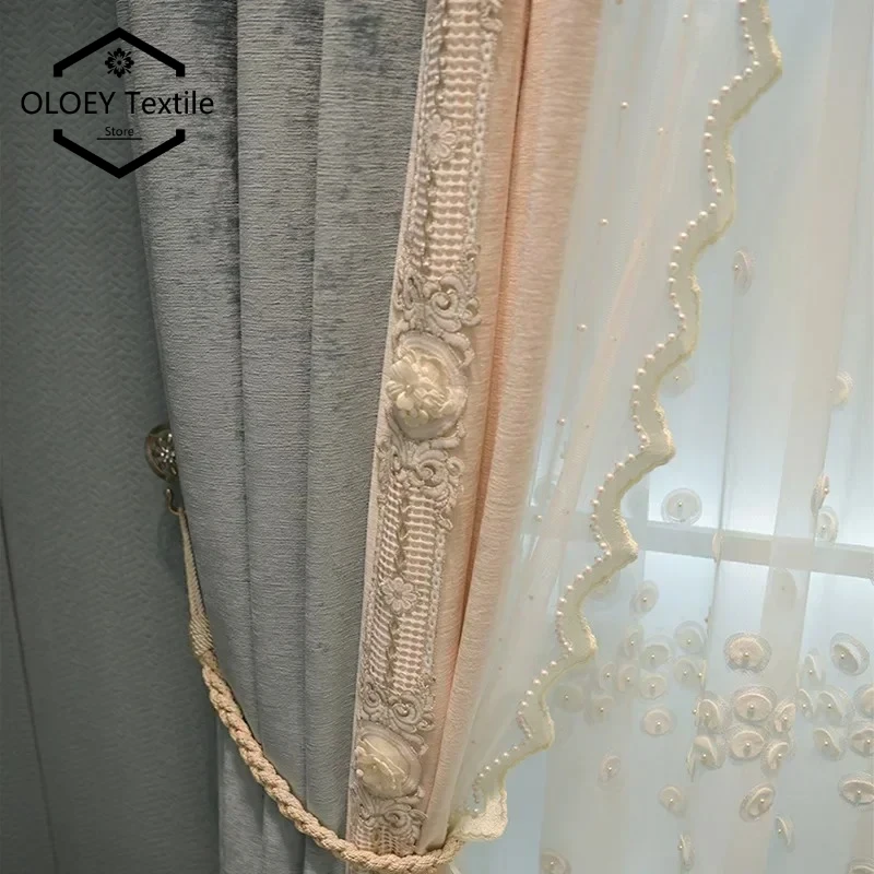 

Spliced Chenille Relief Embroidery Luxury Thermal Insulated Blackout Noise Reducing Privacy Curtains for Living Dining Bedroom