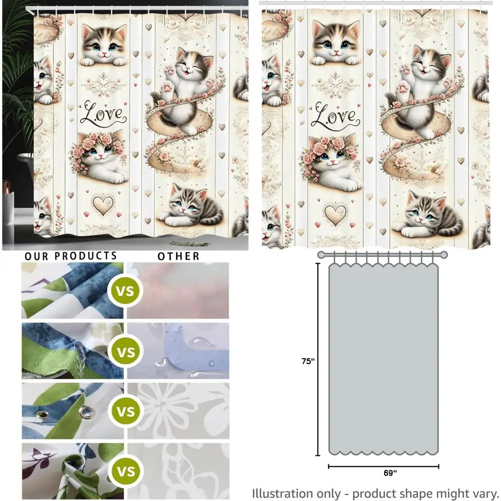 

vintage-style shower curtain: adorable blue-eyed kittens amidst hearts and nostalgic charm