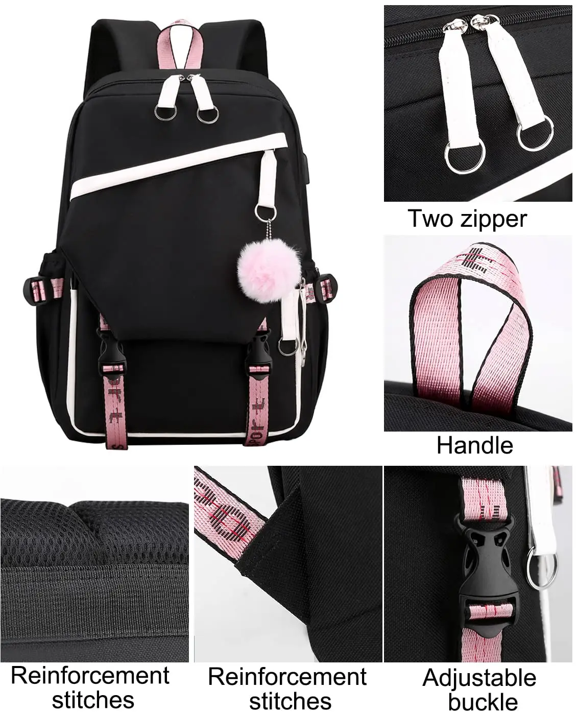 Teenage Girls' Backpack 21 inches Black Pink Yellow Middle School Students Bookbag Outdoor Daypack with USB Charge Port