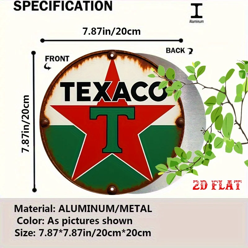 2D Flat, 1pc Texaco Vintage Gas Station Metal Wall Art - Retro Red, Green, White Round Sign - Heavy-Duty Aluminum Decor for Gara