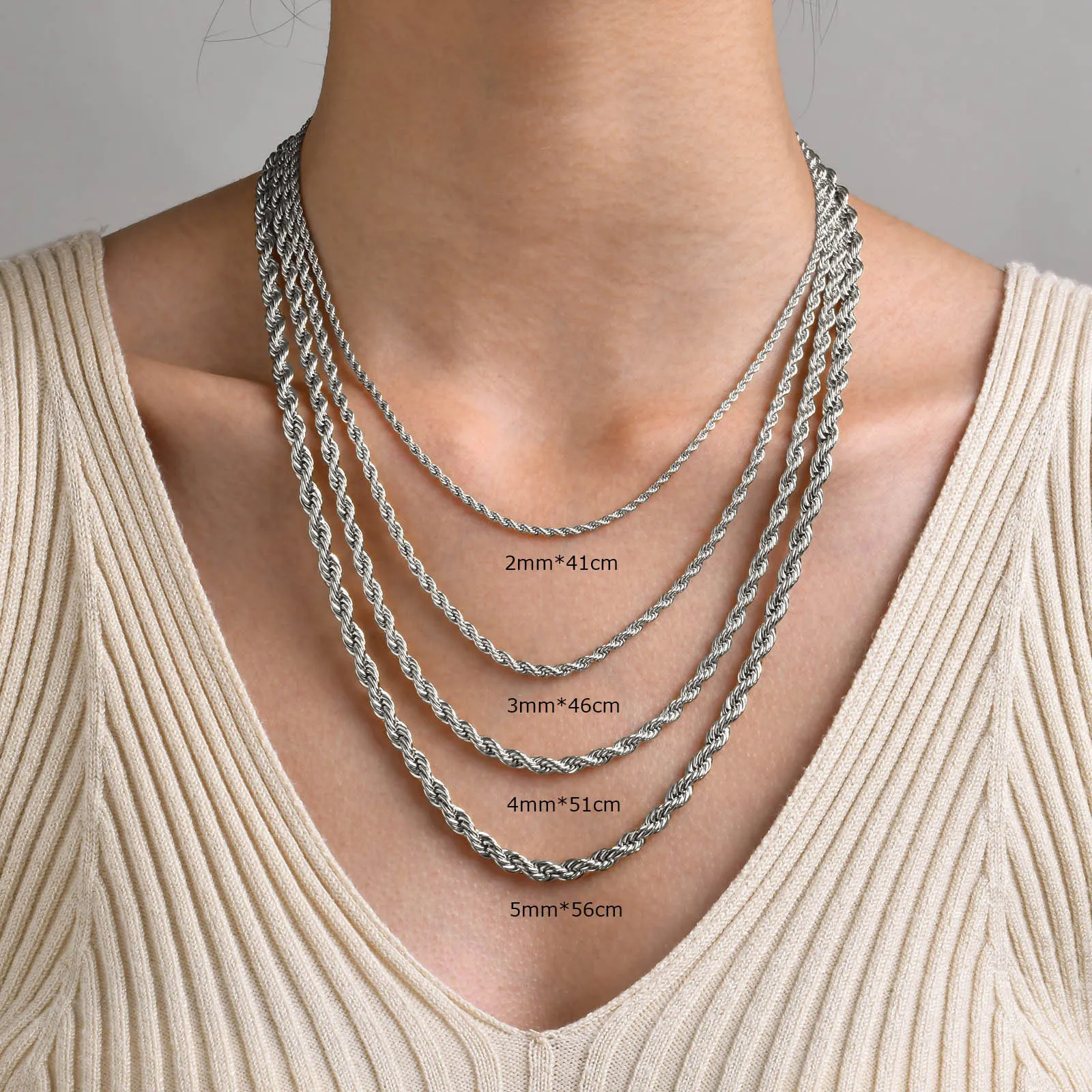 

Hip Hop Popular Titanium Steel Twist Necklace, Thick 2/3/4/5MM Clavicle Chain Stainless Steel Ladies Silver Stacked Twist Chain