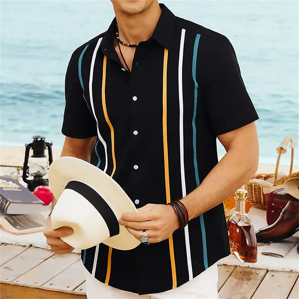 Summer Fashion Men\'s Striped Shirts Button Short Sleeve Lapel Streetwear Hawaiian Basic Blouse Classic Shirts for Men Polyster