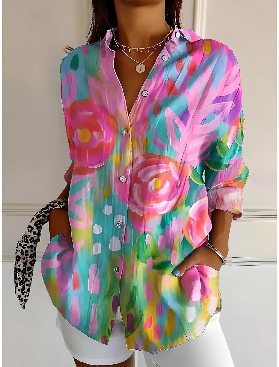 

2025 Women's Shirts Ombre Floral Graphics Blouse Lapel Neck Blouse Women's Long Sleeve Shirts Womens Clothes Female Clothing