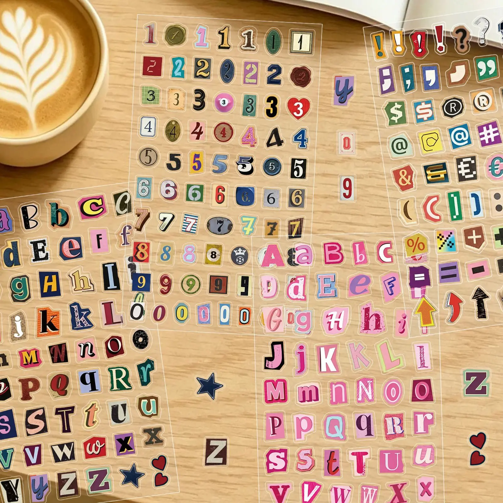 5Pcs Retro Collage Alphabet Number PET Stickers Transparent Waterproof Decals for Journal Scrapbook Phone Case Craft Decor
