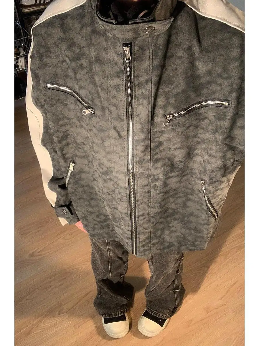 

Autumn Winter Leather Jaet Long Sve Patchwork oulder Pad Stand Collar Motorcycle Sle Couple's Coat Retro Matte Texture