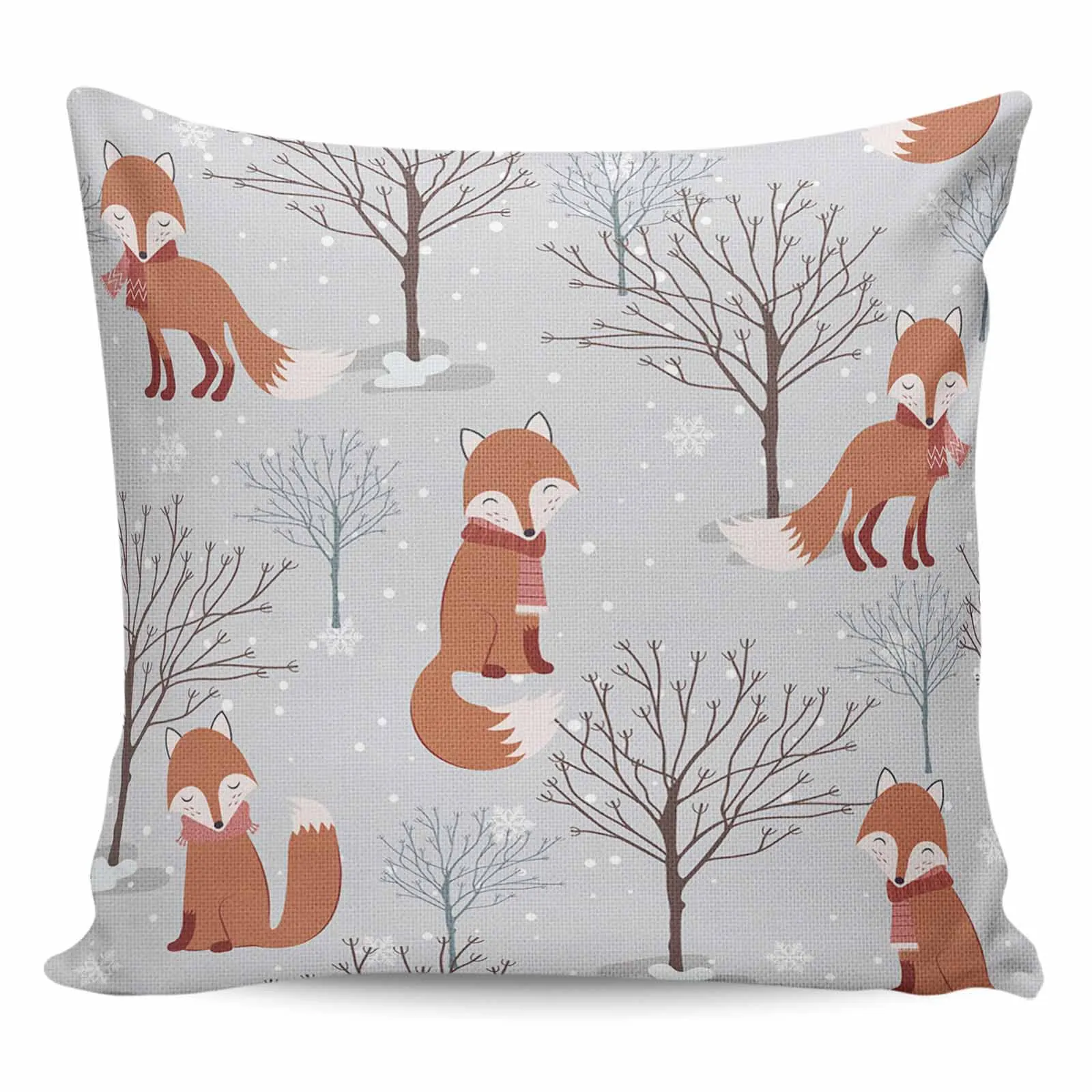 2/4PCS Waterproof Pillow Cover Cartoon Fox Branches Forest Snow Square Throw Pillowcase Home Decoration Sofa Cushion Cover