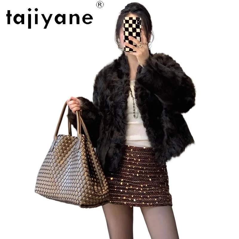 معطف فرو عكسي من صوف الغنم من صوف الغنم الحقيقي 100% من TAJIYANE للنساء 2025 ملابس خارجية شتوية قصيرة أنيقة ملابس نسائية أربعة