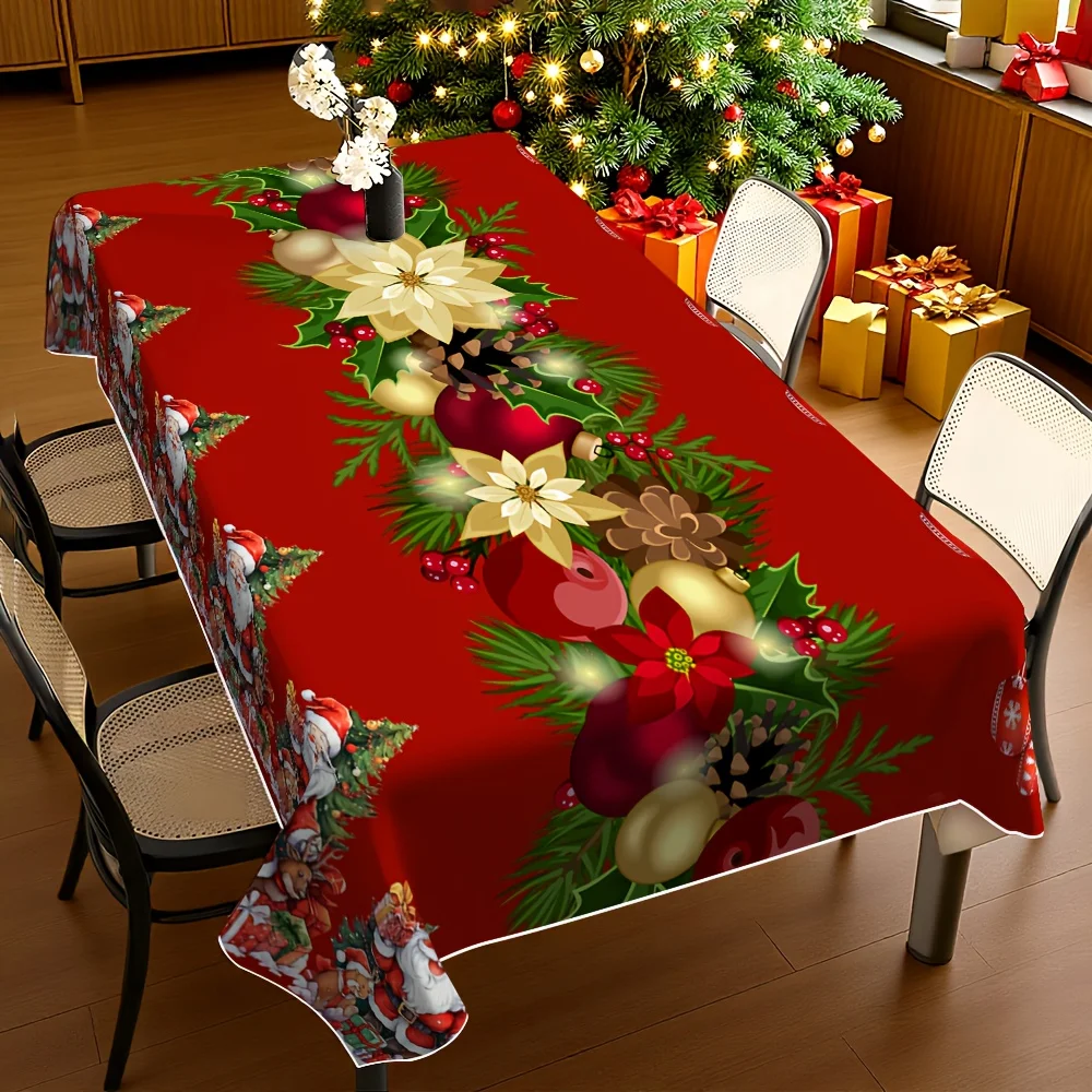 Christmas Poinsettia Santa Claus Tree Balls Tablecloth for Table Decor Reusable Kitchen Dining Tablecloth Christmas Decorations