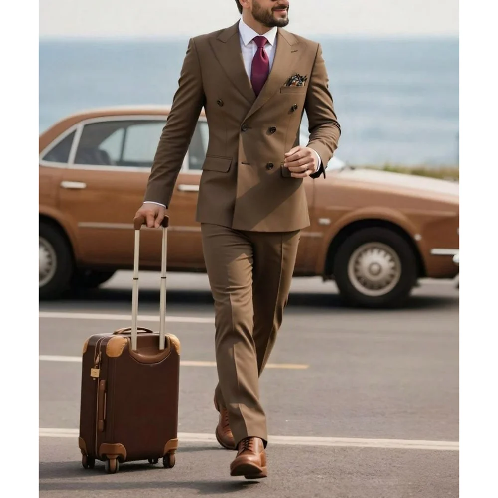 

Brown Double Breasted Peaked Lapel Men Suits Wedding Formal Party Fashion Man Sets 2 Pieces (Jacket+Pants) Banquet Sets