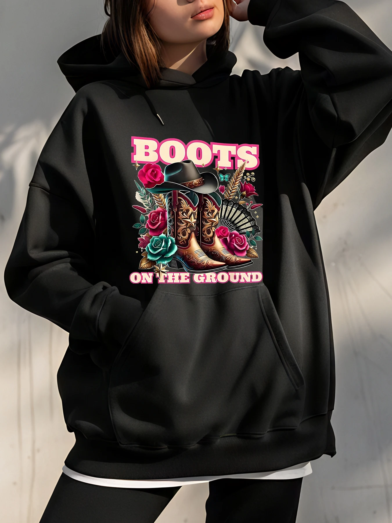 

【Западный】Оботинки с капюшоном и принтом, свободный крой, повседневный стиль, с цветочным принтом и ковбойскими сапогами, женская, повседневная одежда