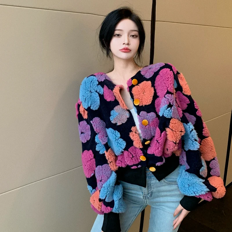 Winter Retro Plush Wool Flowers Embroidery Cardigan Ins Coat Long Sleeved Crop Y2K Streetwear Fur Womens 3D Flower Bomber Jacket