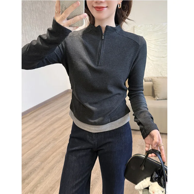 

Бархатная флисовая футболка с воротником-стойкой и полумолнией, зимняя теплая женская тонкая футболка с длинным рукавом, искусственный топ из двух предметов