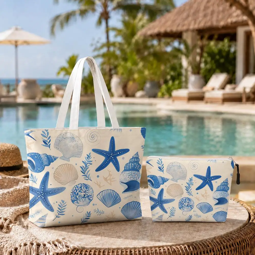 Ocean Shell Starfish Storage Bags 2-Piece Set Double-Sided Print with Zipper Canvas Eco Tote Bag for Beach Travel Picnic