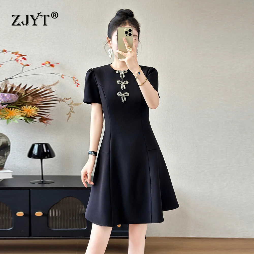 

Модное женское летнее платье ZJYT 2026: дизайнерское, с коротким рукавом, бисером и бантом, черное, повседневное, элегантное, для женщин