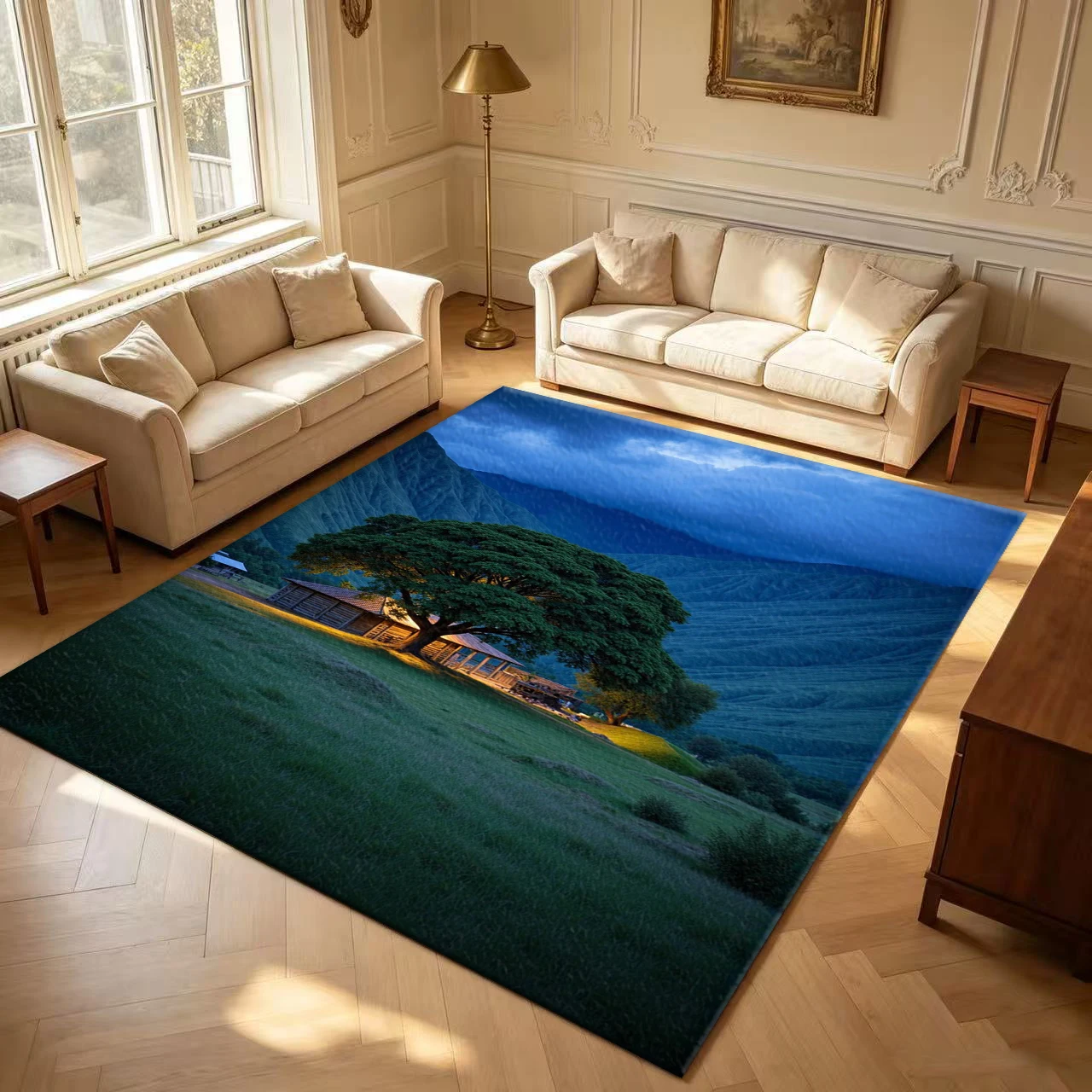 Night Mountain Valley Wooden Cabin Big Tree carpet flooring Rustic Nature Scenery Rug