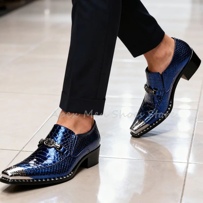 

Men's Metallic Blue Slip On Loafers Crocodile Embossed Pointed Toe Leather Shoes Metal Buckle Party Thick Heel Formal Shoes