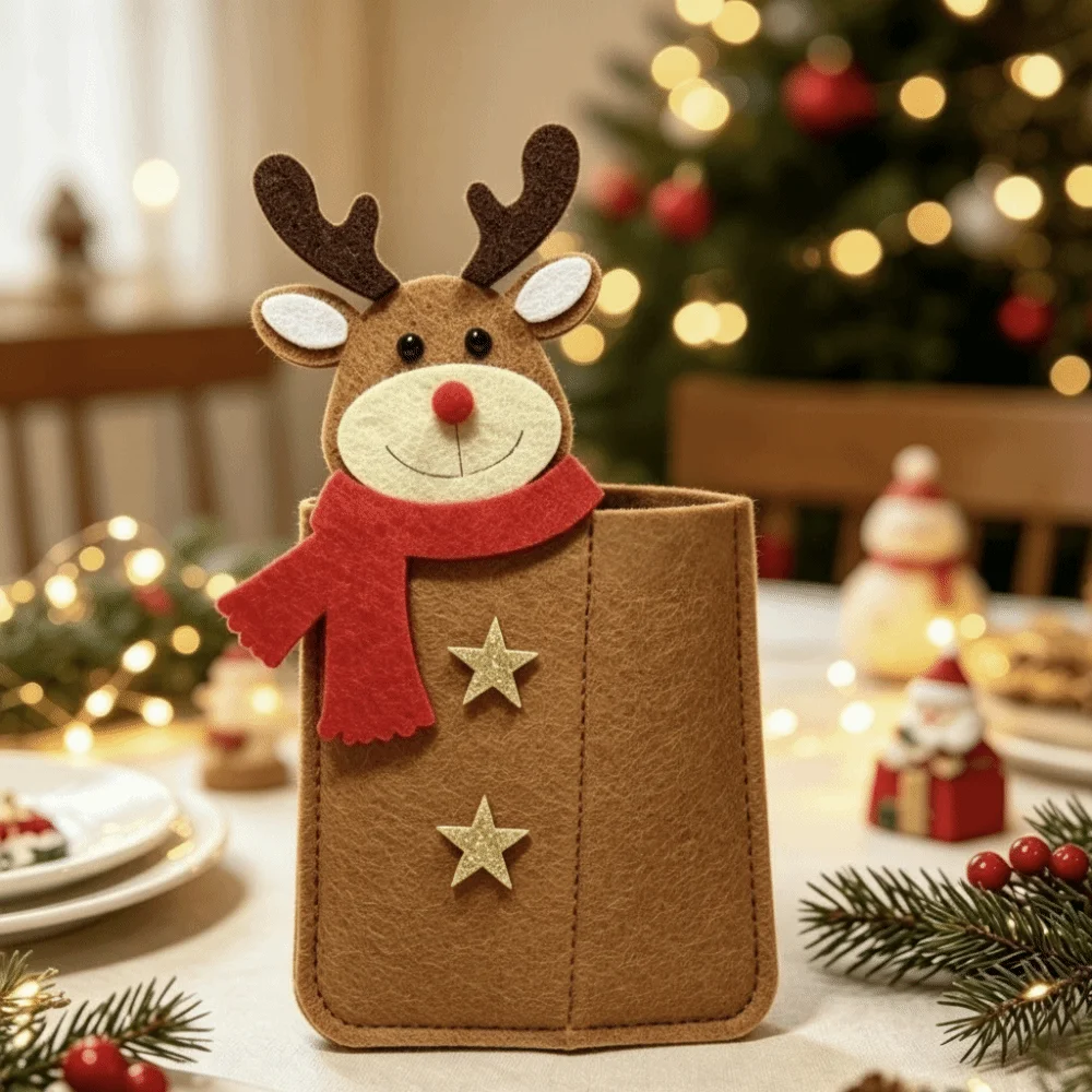 2pcs Felt Christmas Cutlery Holder Thick Durable Reusable Cartoon Utensil Pocket Bright Colorful Exquisite Xmas Tableware Bag