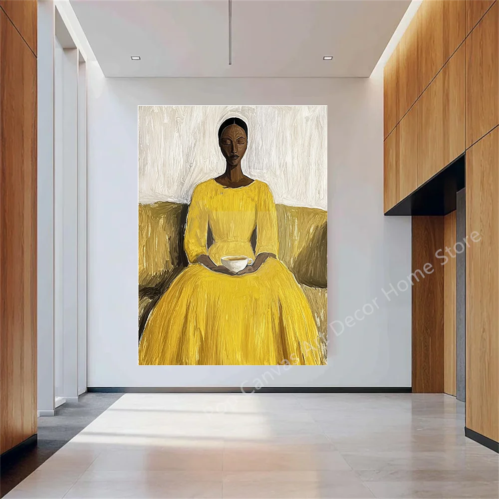 

Hand-Painted Oil Painting Black Woman in Yellow Dress Canvas Wall Art, Modern Minimalist Living Room Bedroom Decor Artwork